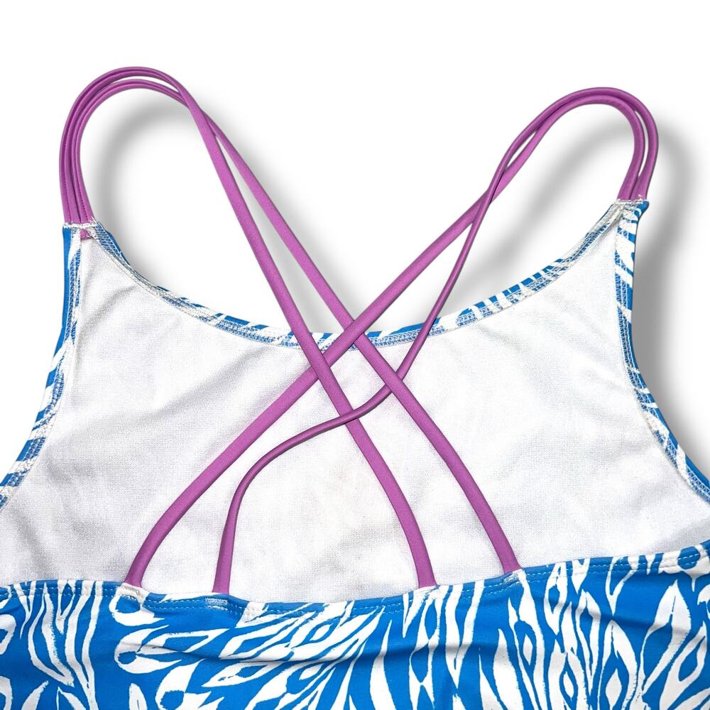 Spyder Girls Swimsuit One Piece Strappy Feather Print Blue White Purple XL 16 - Picture 5 of 9